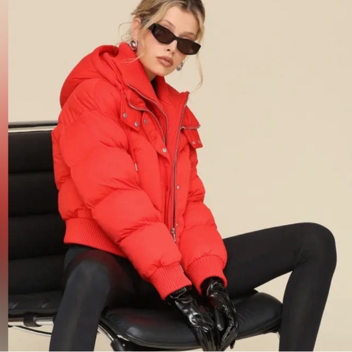 Avec Les Filles New Thermalpuff Crop Puffer Red Jacket Bomper Coat